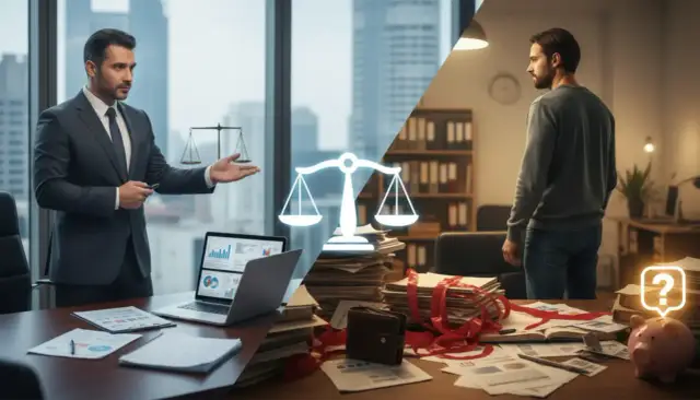 Dwóch prawników, wagi sprawiedliwości i skarbonka w kształcie świnki.