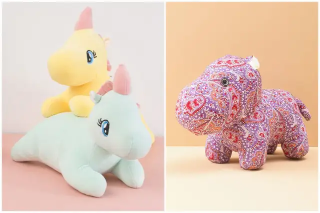 Dwa pluszowe jednorożce i hipopotam w wzory.
