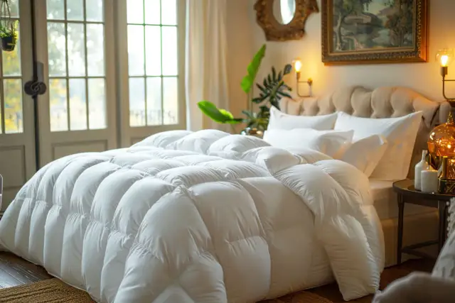 Puszysta kołdra, jakby z kaszmiru, otula łóżko w eleganckiej sypialni.