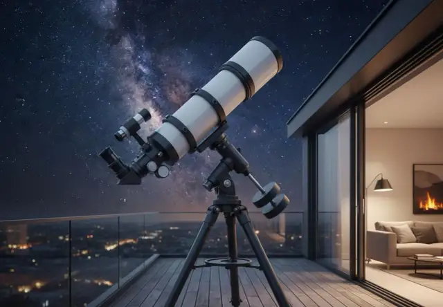 Teleskop na statywie na balkonie z widokiem na nocne niebo i miasto.