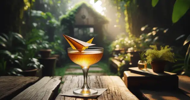 Złocisty drink w kieliszku, ozdobiony papierowym samolocikiem, na tle bujnej, zielonej scenerii.