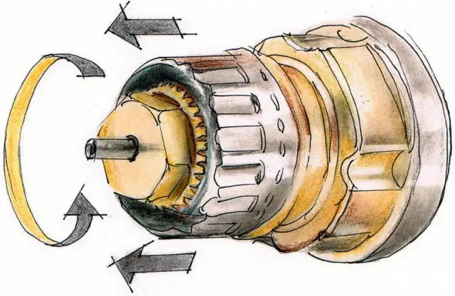 Ilustracja pokazuje mechanizm zaworu grzejnikowego, jak zakręcić grzejnik bez głowicy, używając strzałek do wskazania kierunku obrotu.