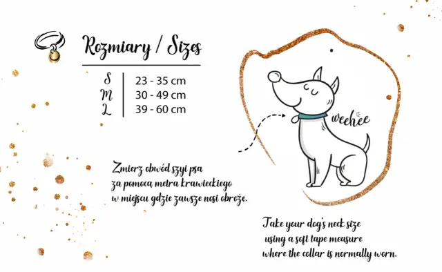 Ilustracja psa z obrożą i tabelą rozmiarów obroży.