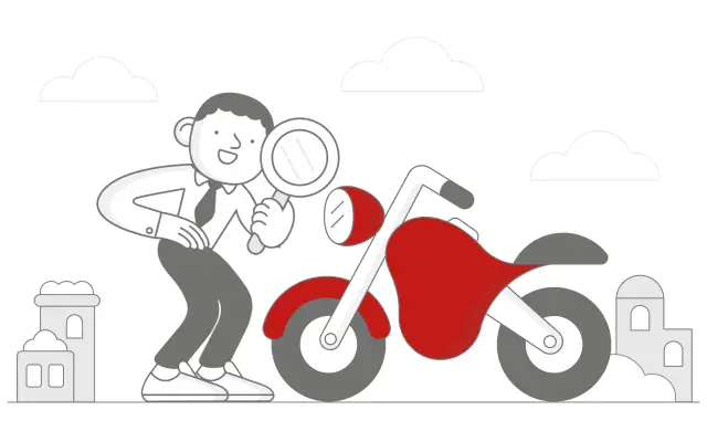 Mężczyzna z lupą bada czerwony motorower na tle budynków i chmur.