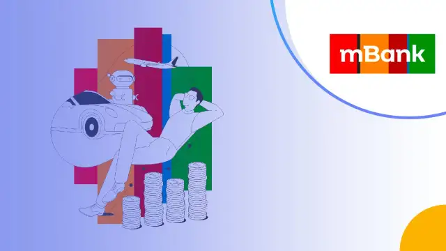 Zrelaksowany człowiek obok samochodu i monet, symbolizujący łatwy sposób, jak założyć lokatę w mBanku i cieszyć się przyszłością.