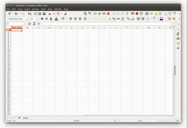 Pusta tabela w programie LibreOffice Calc, gotowa do wprowadzania danych.