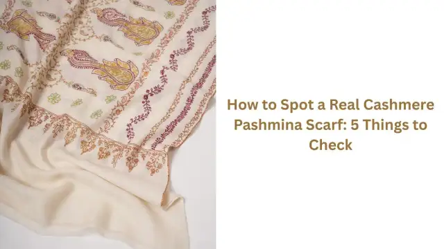 Jak rozpoznać kaszmir? Kremowy szal z haftem paisley i kwiatowym. Poradnik "How to Spot a Real Cashmere Pashmina Scarf".