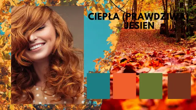 Uśmiechnięta rudowłosa kobieta na tle jesiennego lasu. Inspiracja na ciepła jesień stylizacje.