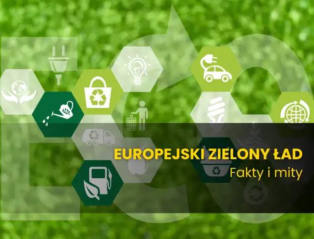 Grafika przedstawia symbole związane z ekologią i zrównoważonym rozwojem, ilustrując, o czym mówi Europejski Zielony Ład: fakty i mity.