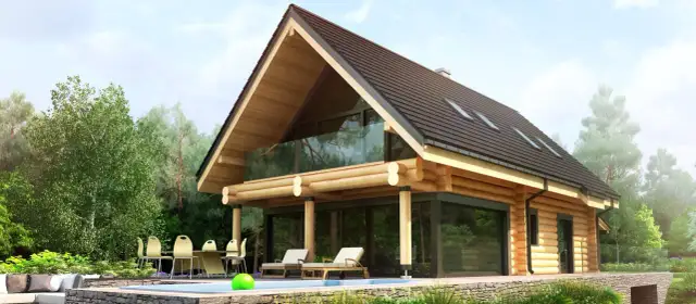 Nowoczesne domy z drewna i szkła w otoczeniu zieleni. Basen, leżaki i stół z krzesłami tworzą strefę relaksu.