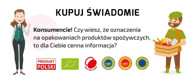 Kupuj świadomie! Zwracaj uwagę na oznaczenia produktów, by mieć pewność co do jakości towaru. Ilustracja pokazuje rolnika z koszem warzyw i kobietę wskazującą na etykiety.