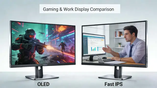 Porównanie ekranów: OLED z dynamiczną grą akcji i Fast IPS z pracą biurową.