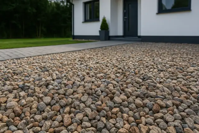 Zbliżenie na podjazd z żwiru o różnej wielkości i kolorze, obok domu.