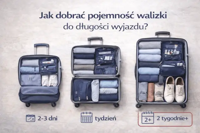 Trzy otwarte walizki z ubraniami i akcesoriami, pokazujące różną pojemność.