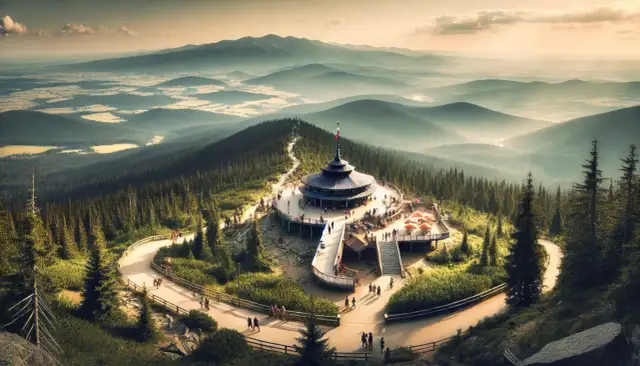 Widok na górską restaurację i szlaki turystyczne w Karkonoszach, Czechy. W oddali widać pasma górskie.