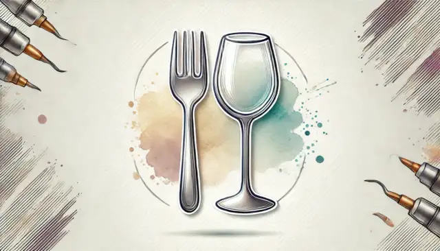 Stylizowane kieliszek i widelec oznaczenie na tle akwarelowych plam i szkiców.