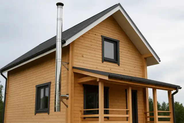 Elegancki, metalowy komin na drewnianym domu szkieletowym. Idealny wybór, jaki komin do domu szkieletowego.