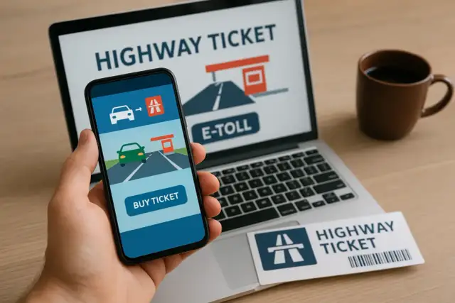 Telefon z aplikacją do zakupu biletu na autostradę, laptop z napisem "E-TOLL" i kubek kawy.