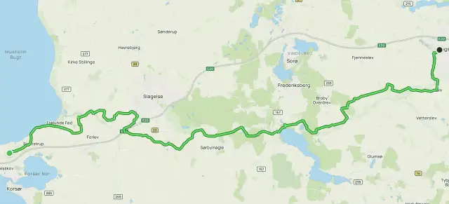 Trasa rowerowa przez Zelandię w Danii, od wybrzeża koło Korsør przez Slagelse, Sorø, aż do okolic Ringsted.