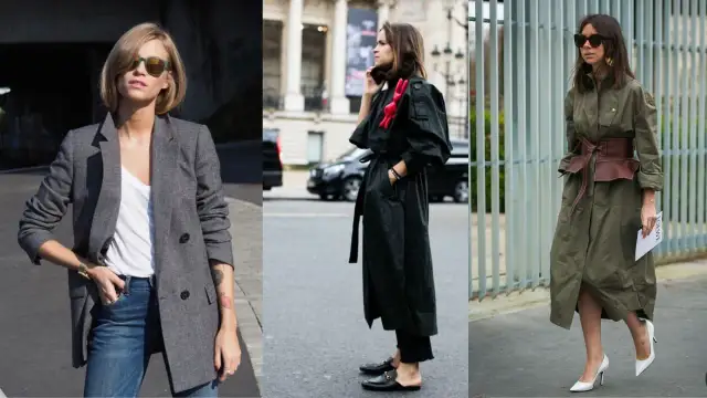 Kobiety w stylizacjach oversize: szary żakiet, czarny płaszcz z czerwonym akcentem, oliwkowa sukienka z szerokim pasem.