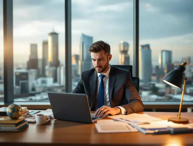 Młody prawnik korporacyjny pracuje przy laptopie w nowoczesnym biurze z widokiem na miasto. Zastanawia się, ile zarabia prawnik korporacyjny.