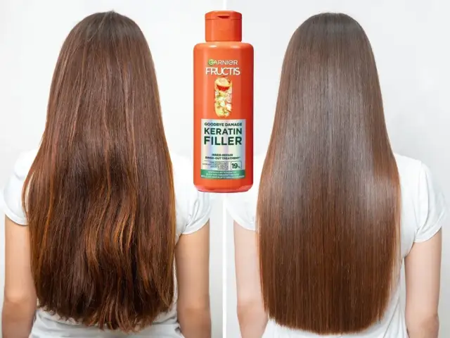 Porównanie włosów przed i po zastosowaniu odżywki keratynowej Garnier Fructis.