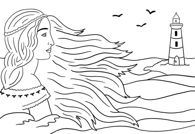 Dziewczyna z długimi włosami na wietrze, nawiązująca do legendy o Juracie, patrzy w stronę latarni morskiej.