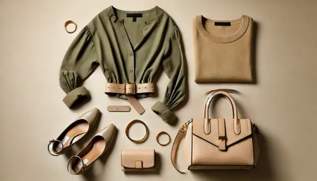 Elegancki zestaw: bluzka w kolorze oliwkowym ciemnym, beżowy sweter, torebka, buty i akcesoria.