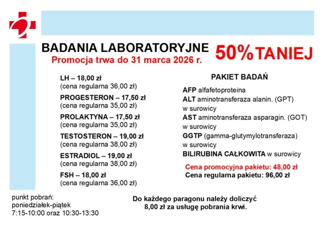 Grafika z promocją badań laboratoryjnych: 50% taniej, lista badań i ceny.