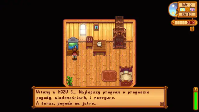 Postać w Stardew Valley słucha prognozy pogody w spolszczeniu.