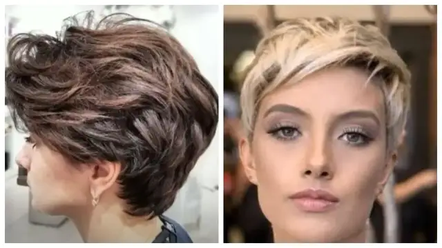 Dwie kobiety z krótkimi, stylowymi fryzurami. Jedna ma ciemne, falowane włosy do ucha proste, druga blond, zaczesane do góry.