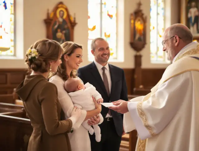 Rodzina z dzieckiem podczas ceremonii chrztu w kościele.