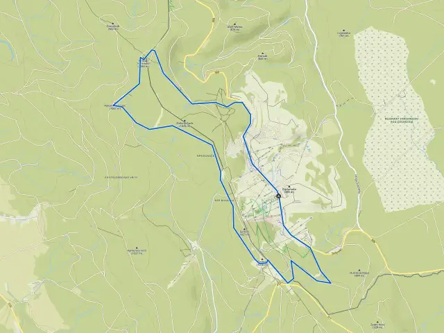 Mapa turystyczna okolic Polanicy Zdrój. Widoczne szlaki, wzniesienia (np. Zielony Garb 1026 m, Kamienny vrch 1037 m) i rezerwaty przyrody.