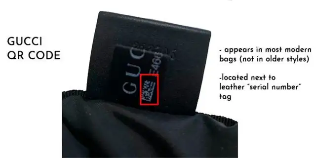 QR kod na metce torebki Gucci, potwierdzający jej oryginalność. Znajduje się obok numeru seryjnego.