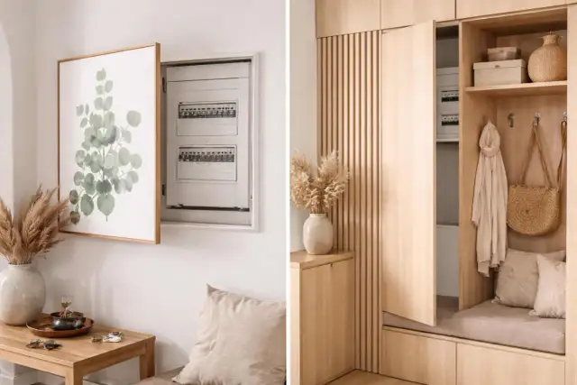 Obrazek pokazuje ukrytą skrzynkę elektryczną za obrazem oraz wnękę z szafką i wieszakami.