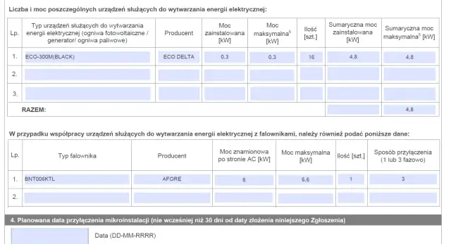 Tabela z danymi mikroinstalacji Tauron: typy urządzeń, moce, falowniki i daty przyłączenia.