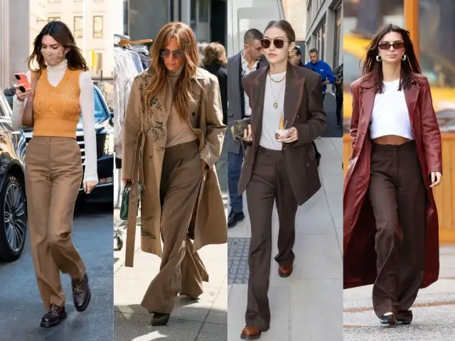 Kendall, J.Lo, Gigi i Emily pokazują, jaki kolor bluzki do brązowych spodni pasuje idealnie.
