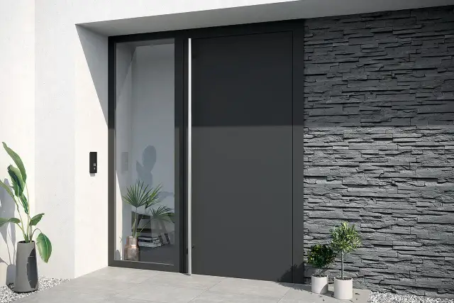 Nowoczesne drzwi zewnętrzne z przeszkleniem, idealne do ciepłego montażu. Elegancka szara płyta i kamienna okładzina.