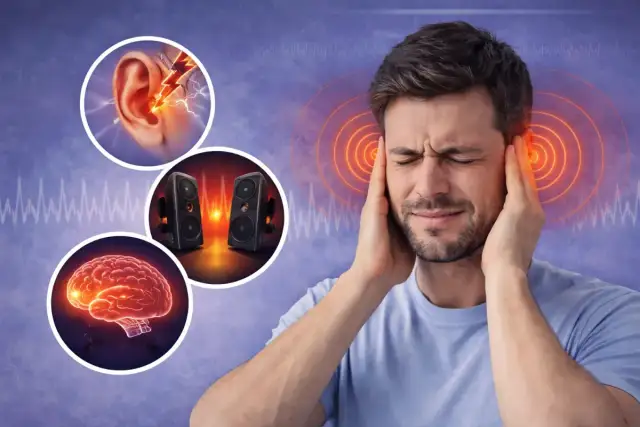 Mężczyzna z rękami na uszach, obok grafiki ucha, głośników i mózgu.