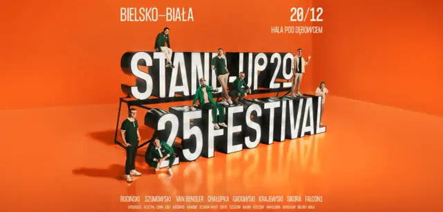 Artyści na tle napisu "STAND UP FESTIVAL 2029". Dowiedz się, ile trwa stand up i kto wystąpi w Bielsku-Białej 20/12.