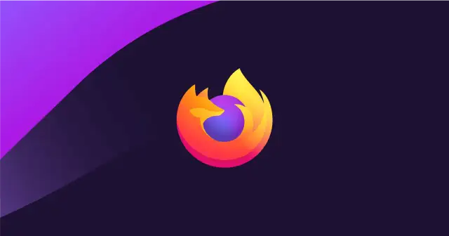Logo Firefox w gradientach pomarańczu i żółci, otaczające fioletową kulę. Tło ciemnofioletowe z fioletowym pasem. Symbolizuje firefox aktualizacja.