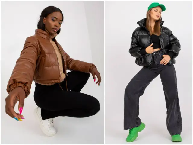 Krótka kurtka puchowa w brązowym i czarnym wydaniu. Stylowe, zimowe stylizacje dla każdej kobiety.