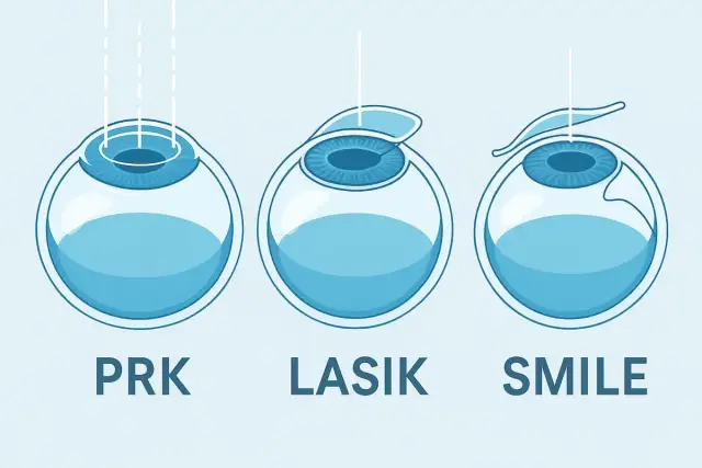 Ilustracja przedstawia trzy przekroje oka z zaznaczonymi metodami korekcji wzroku: PRK, LASIK, SMILE.