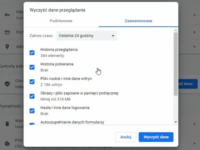 Okno "Wyczyść dane przeglądania" pokazuje, jak wejść w historię przeglądarki, zaznaczając elementy do usunięcia.