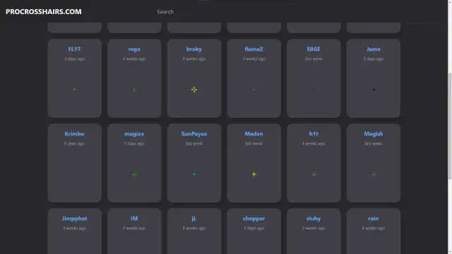 Siatka kafelków z nazwami graczy CS2 i ich celownikami.