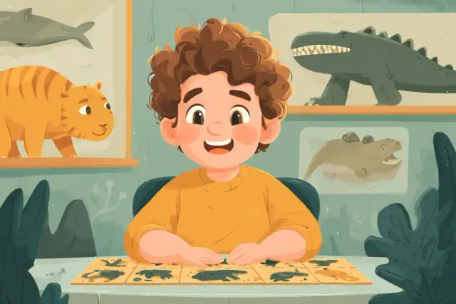 Chłopiec rozwiązuje zagadkę o zwierzętach po angielsku, dopasowując obrazki. Na ścianie wiszą rysunki tygrysa, wieloryba i krokodyla.