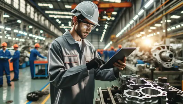 Inżynier w kasku i okularach ochronnych sprawdza tablet na tle hali produkcyjnej z częściami maszyn.