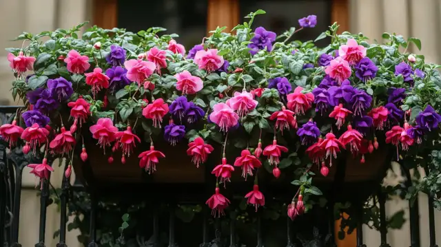Bujne, wiszące kwiaty fuksji w odcieniach różu i fioletu zdobią skrzynkę na balkon, tworząc barwną kaskadę.