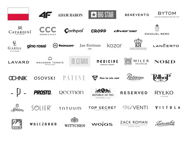 Logotypy polskich marek odzieżowych i obuwniczych, w tym flaga Polski.