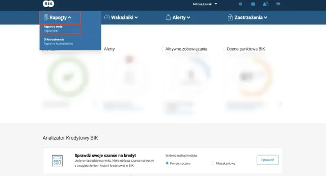 Menu "Raporty" z opcją "Raport BIK" pokazuje, jak wygląda raport BIK. Widoczny jest też analizator kredytowy.
